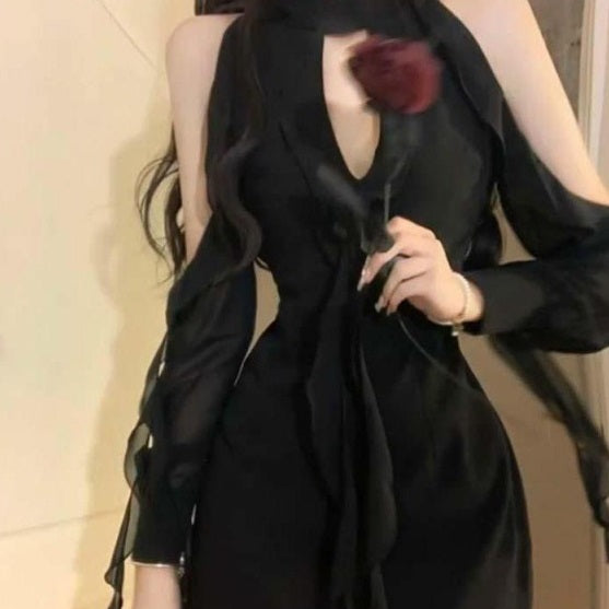 Hot Girl Style Design Black Mori Style Summer New Pure Desire Style Cinched Short Dress