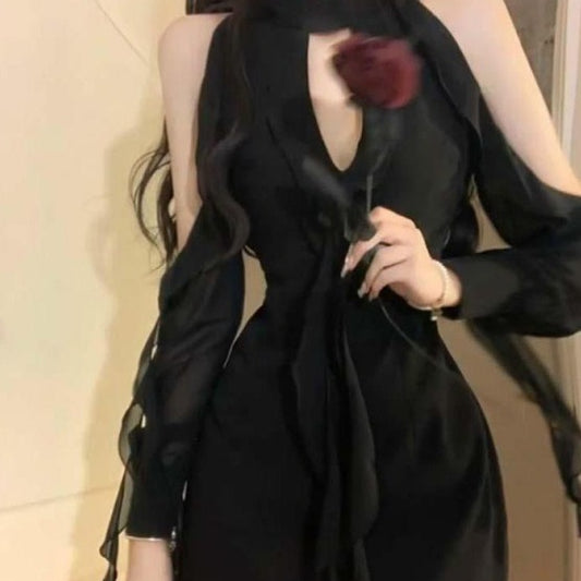 Hot Girl Style Design Black Mori Style Summer New Pure Desire Style Cinched Short Dress