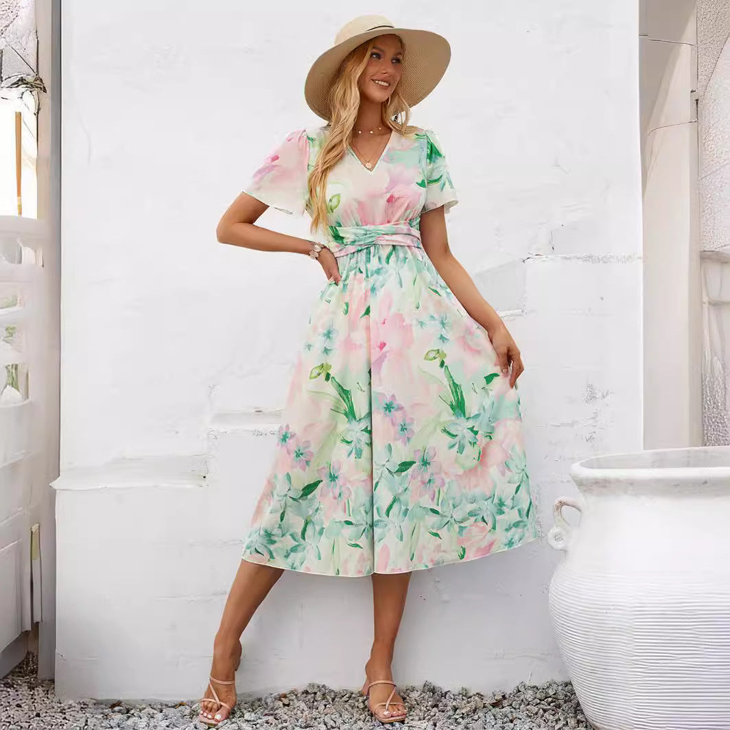Casual Summer Short Sleeve Printed V-neck Dress