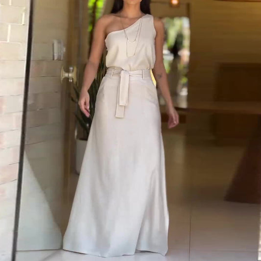 Fashion Solid Color Diagonal Collar Sleeveless High Waist Skirt Suit