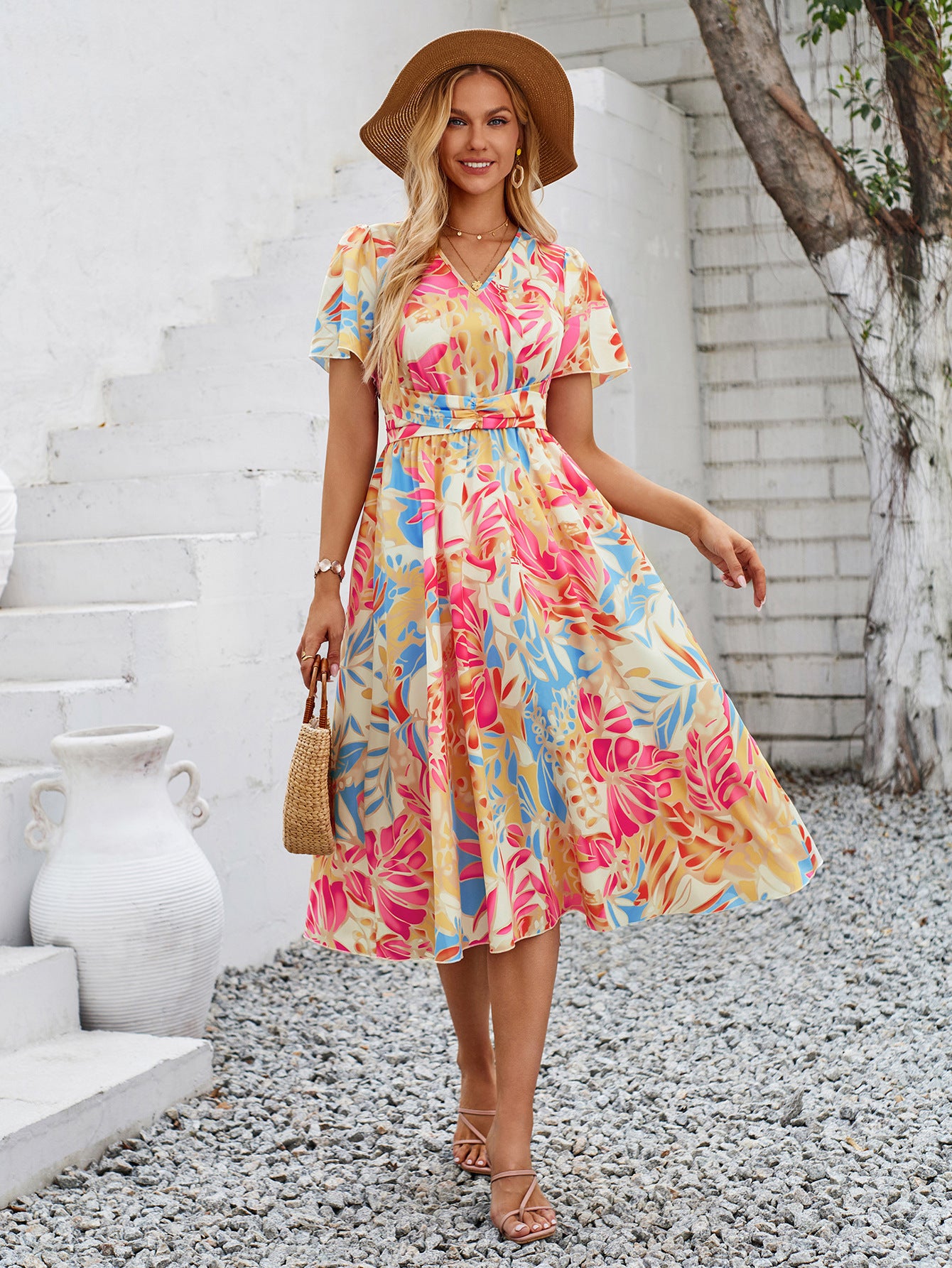 Casual Summer Short Sleeve Printed V-neck Dress