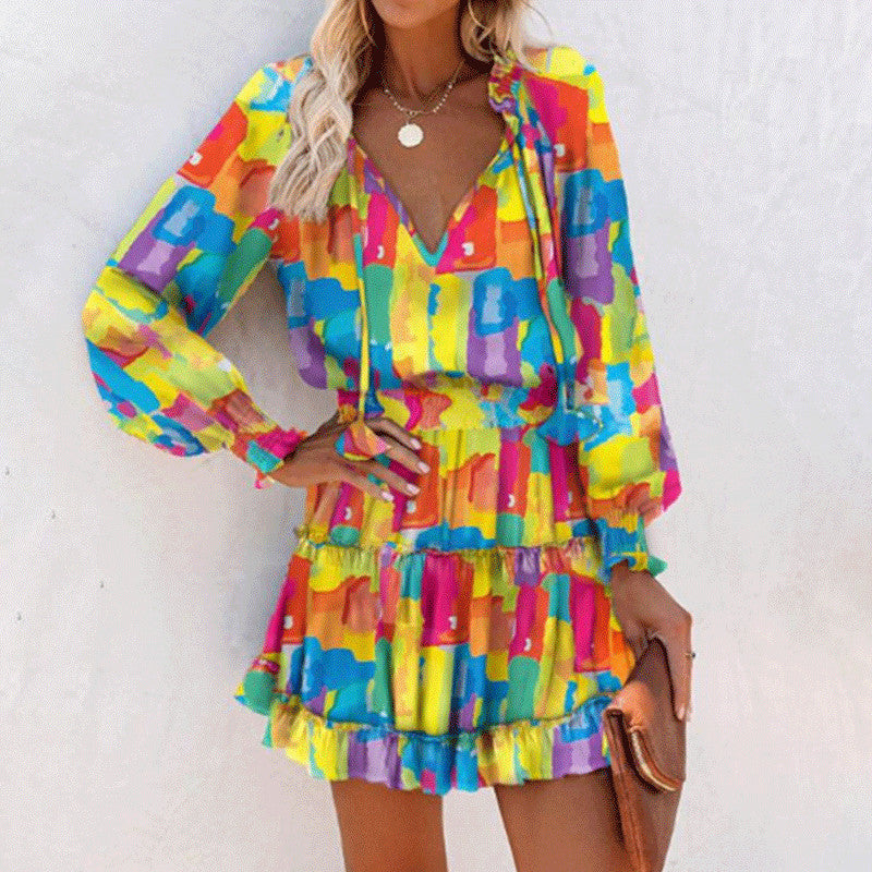 Bohemian Floral Print Puff Sleeve Dress – Tie Waist Casual Chic