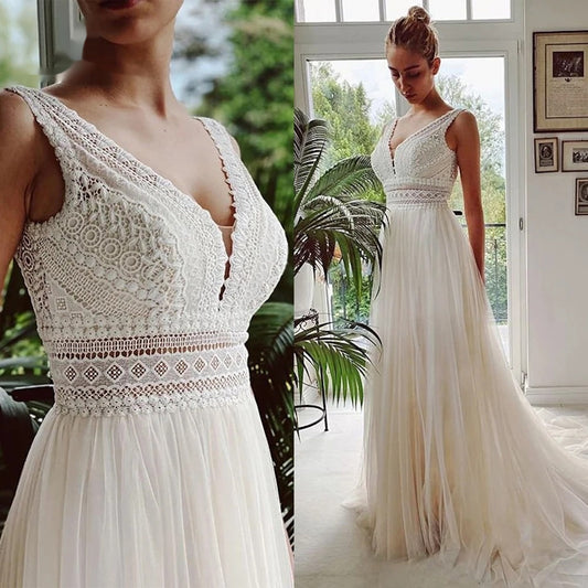 Endless Elegance Boho Beach Wedding Gown - Lace See-Through Waist Slimming Outdoor Mesh Bridal Dress