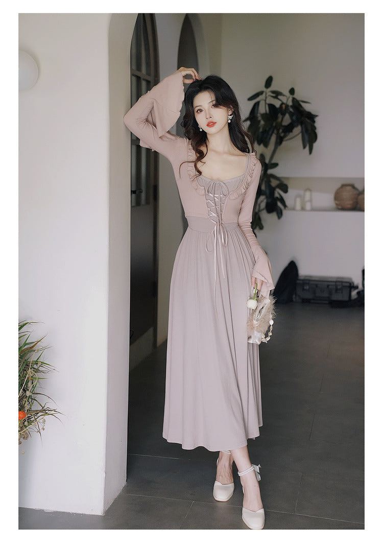 Retro Gentle Elegant Style Dress Knitted Square Collar Suspender Dress