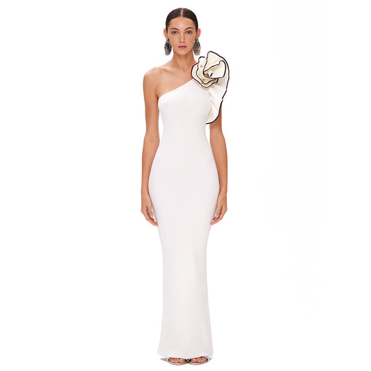 White One-shoulder Flower Black Hook Slim Fit Long Dress