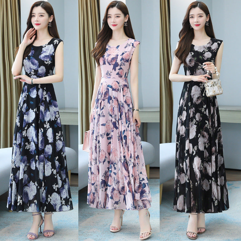 Summer New Lady Floral Sleeveless Dress, Middle-aged Mother, Western Style Is Thin And Age-reducing Temperament