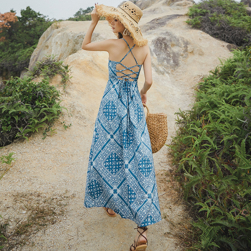 Halter Strap Dress Retro Style Blue Mid-length