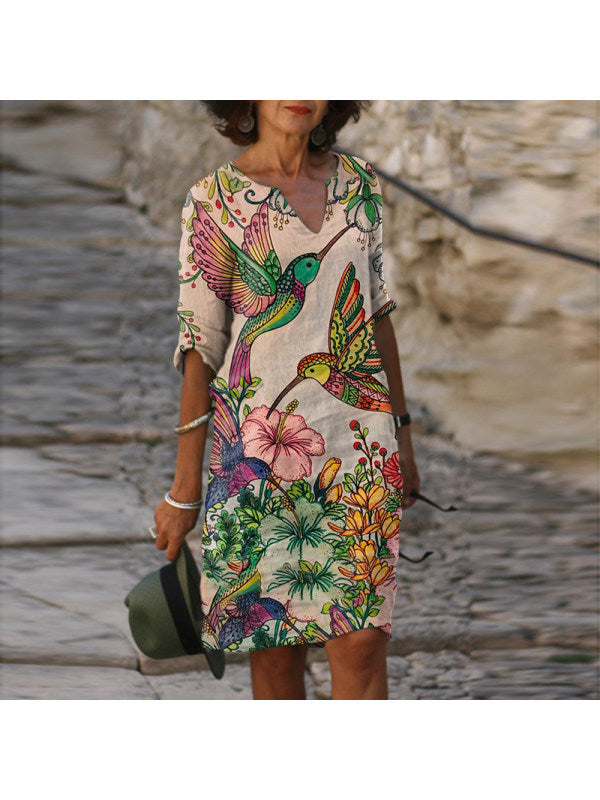 New Women's V-Neck Mid-Length Printed Dress
