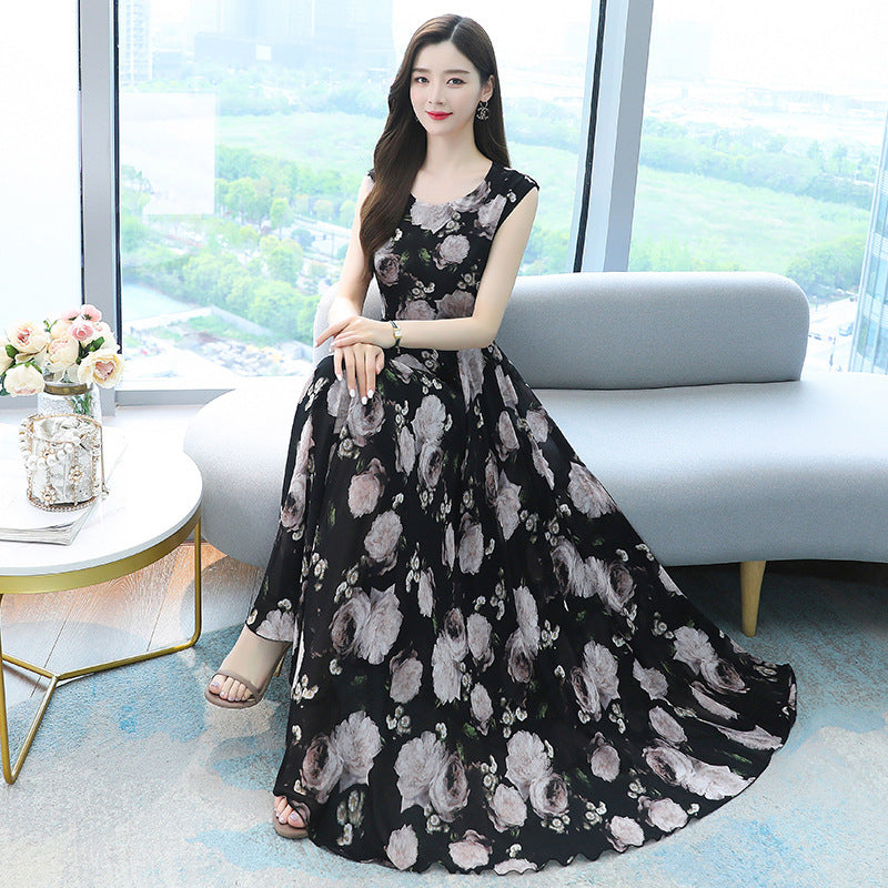 Summer New Lady Floral Sleeveless Dress, Middle-aged Mother, Western Style Is Thin And Age-reducing Temperament