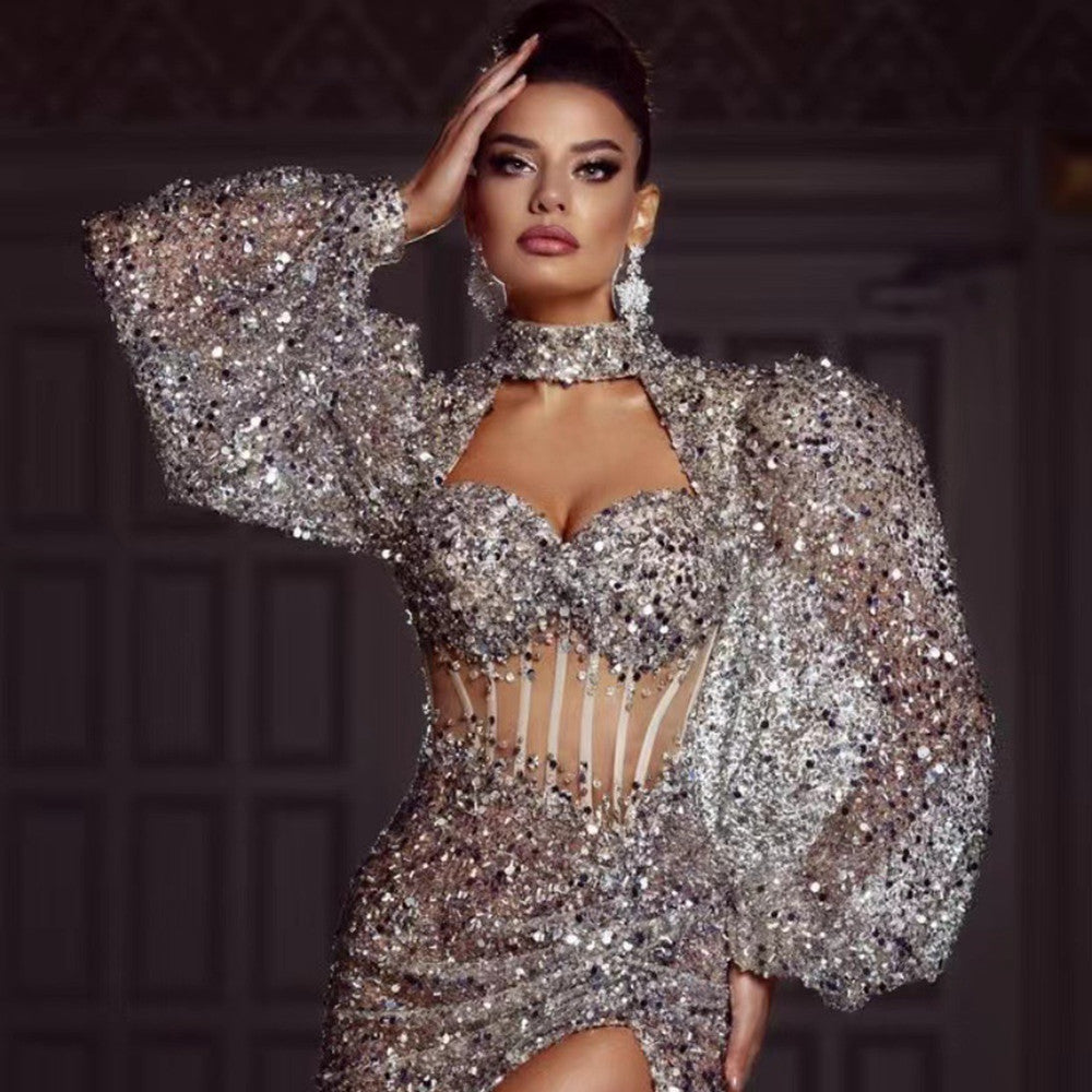 Silver Sequin Long Puff Sleeve Evening Dress