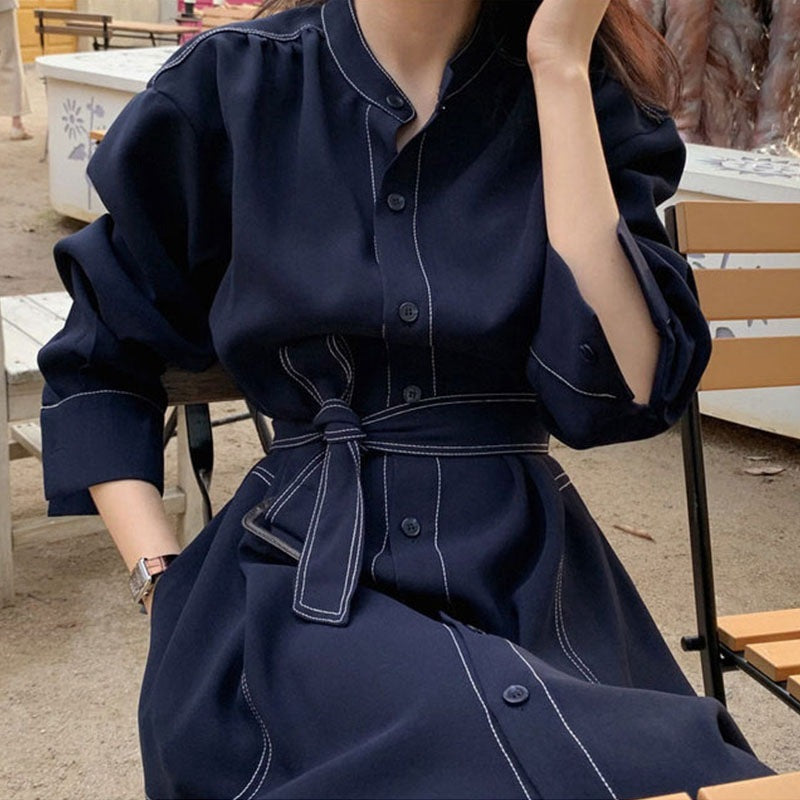 Women's long-sleeved shirt skirt with lace-up waist slimming