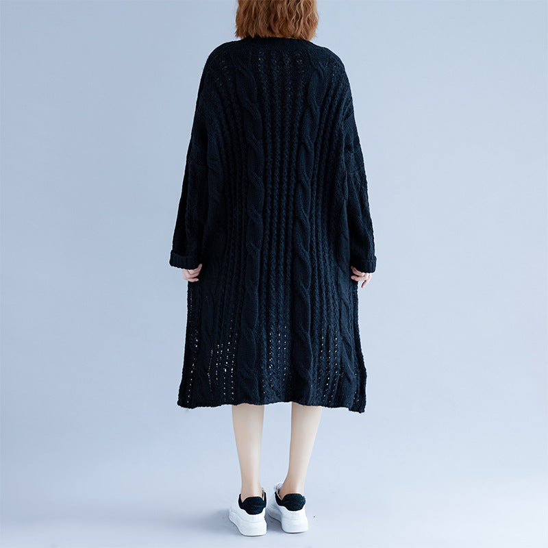 Women's round neck slit long sleeve solid color twist sweater dress