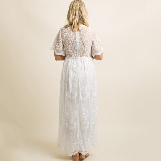 Maternity Dress Maxi Summer  V Neck White Lace Short Sleeve Pregnancy Dress Maxi Dress