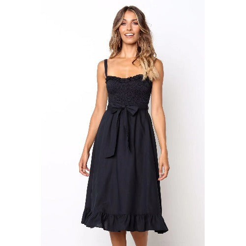 Solid color suspenders elastic bust fungus lace lace ruffled midi skirt