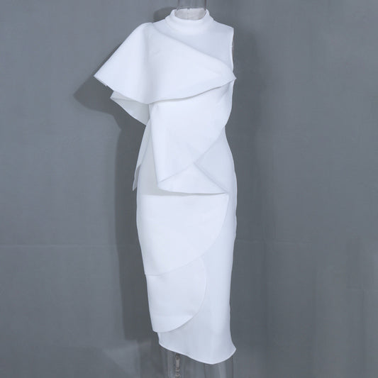 Ruffled space cotton mid-length dress