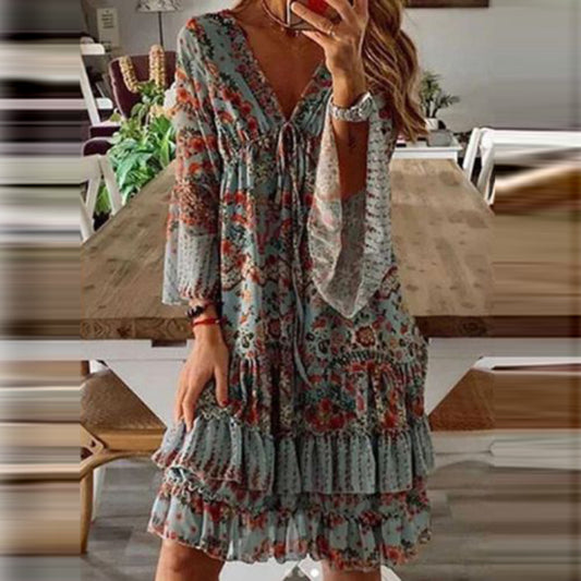 Dress Fashion Printed Cotton Mid-Waist Blue Dress