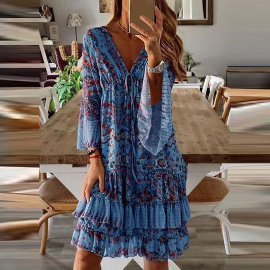 Dress Fashion Printed Cotton Mid-Waist Blue Dress