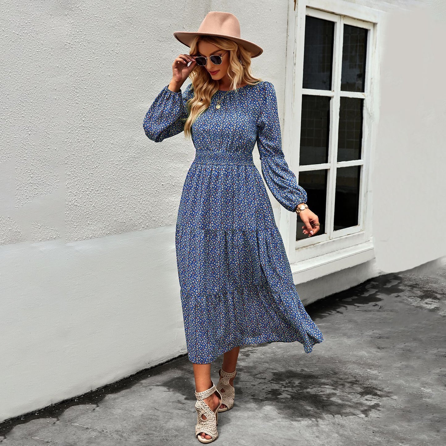 European And American Printed Lantern Sleeve Round Neck Smocking Dress