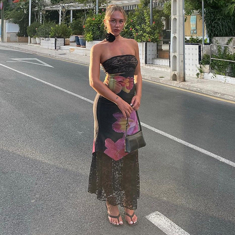 Women's Lace Stitching Printing High Waist Sleeveless Dress
