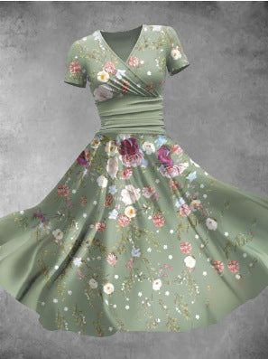 Women's Floral 3D Digital Printed V-neck Short Sleeve Dress