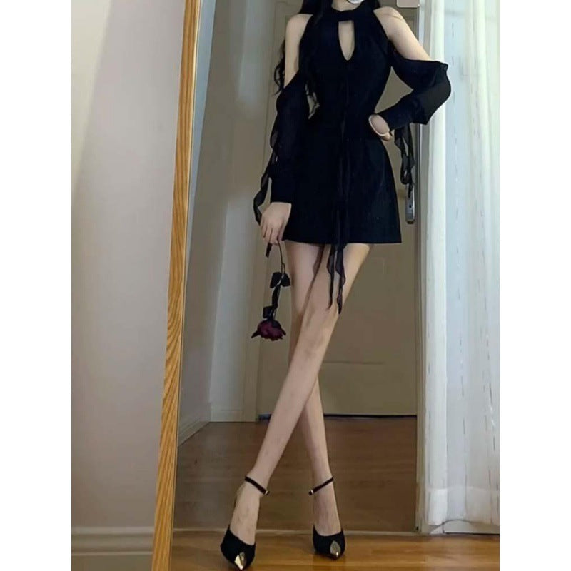 Hot Girl Style Design Black Mori Style Summer New Pure Desire Style Cinched Short Dress