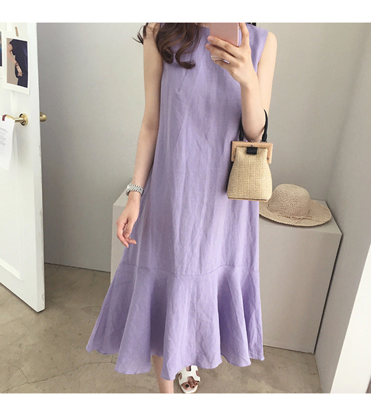 Taro Purple Linen Dress Casual Sleeveless Loose Slimming Fishtail