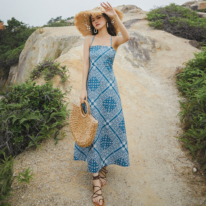 Halter Strap Dress Retro Style Blue Mid-length