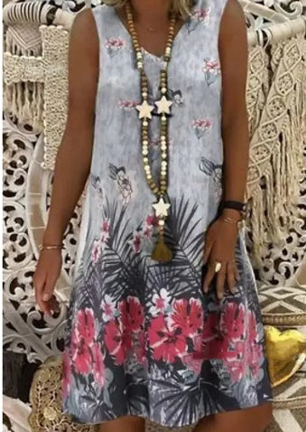 Printed Deep V-neck Sleeveless Mid-length Dress