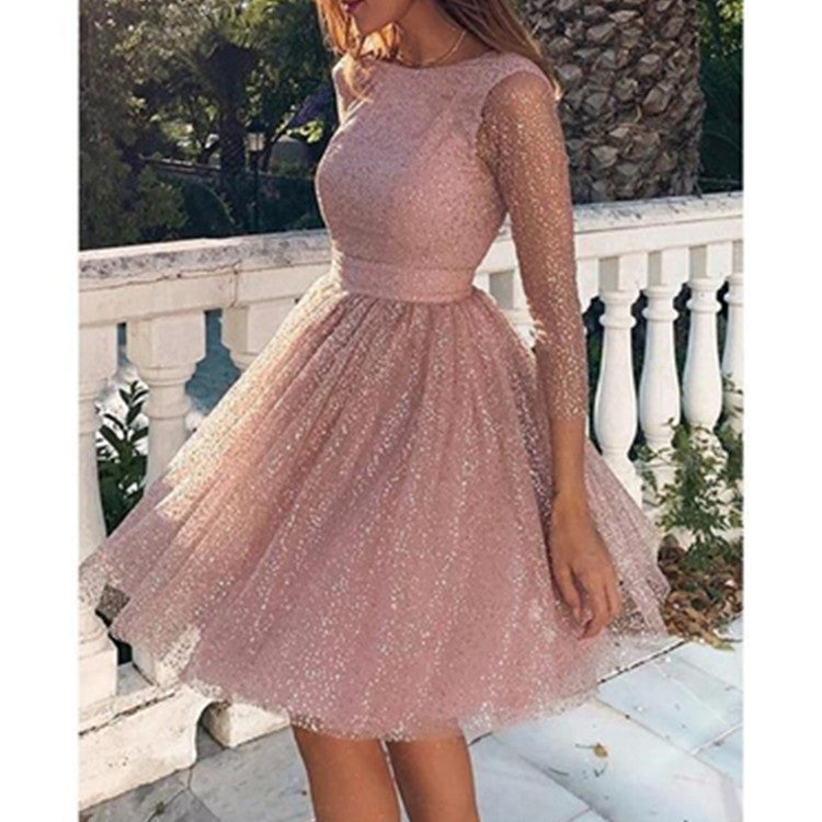 Round neck long sleeve see-through dress