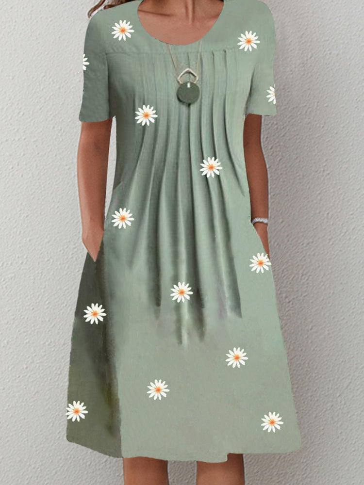 Casual Floral Round Neck Mid-Length Straight Dress