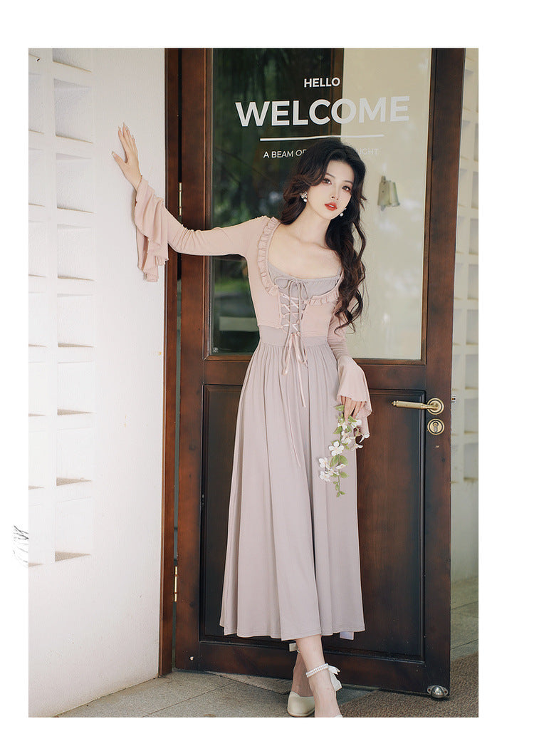Retro Gentle Elegant Style Dress Knitted Square Collar Suspender Dress
