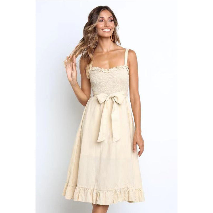 Solid color suspenders elastic bust fungus lace lace ruffled midi skirt