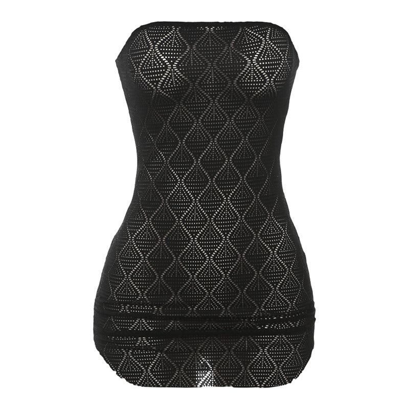 European And American Fashion Sexy Hot Girl Sleeveless Tube Top See-through Hollow Sheath Dress
