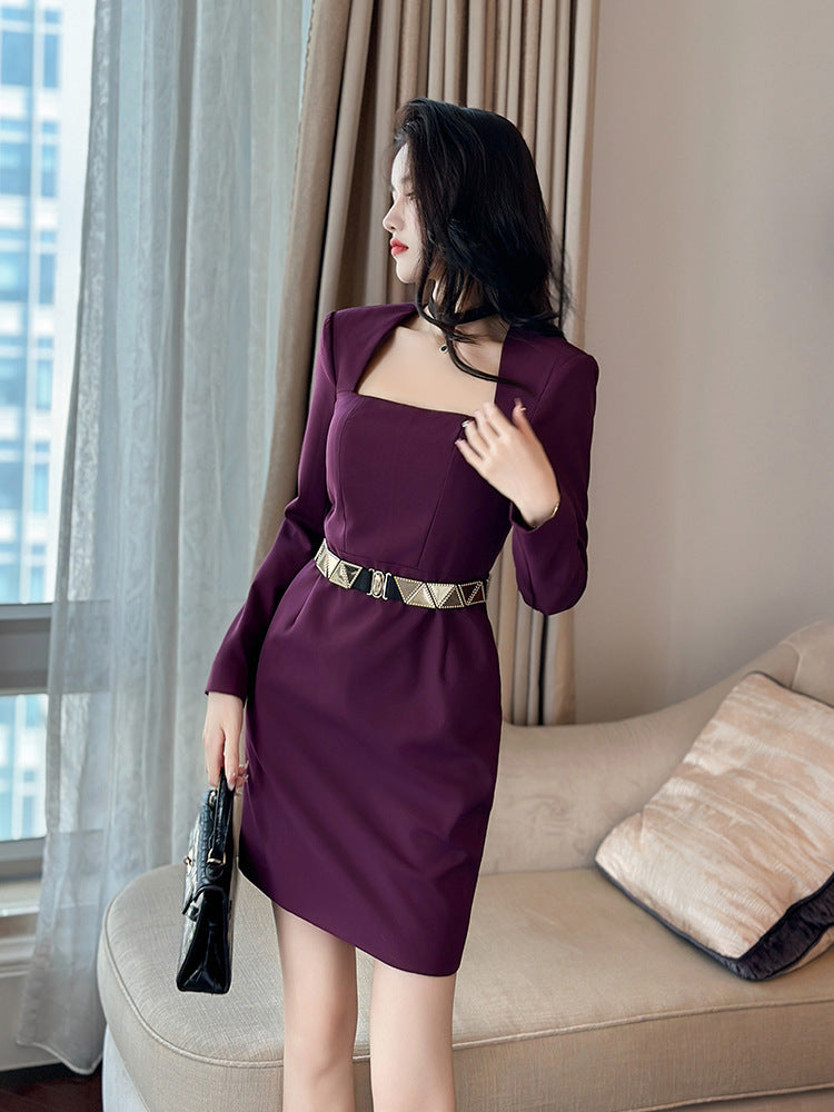 Autumn And Winter Women's Elegant Square Collar Slimming Dress