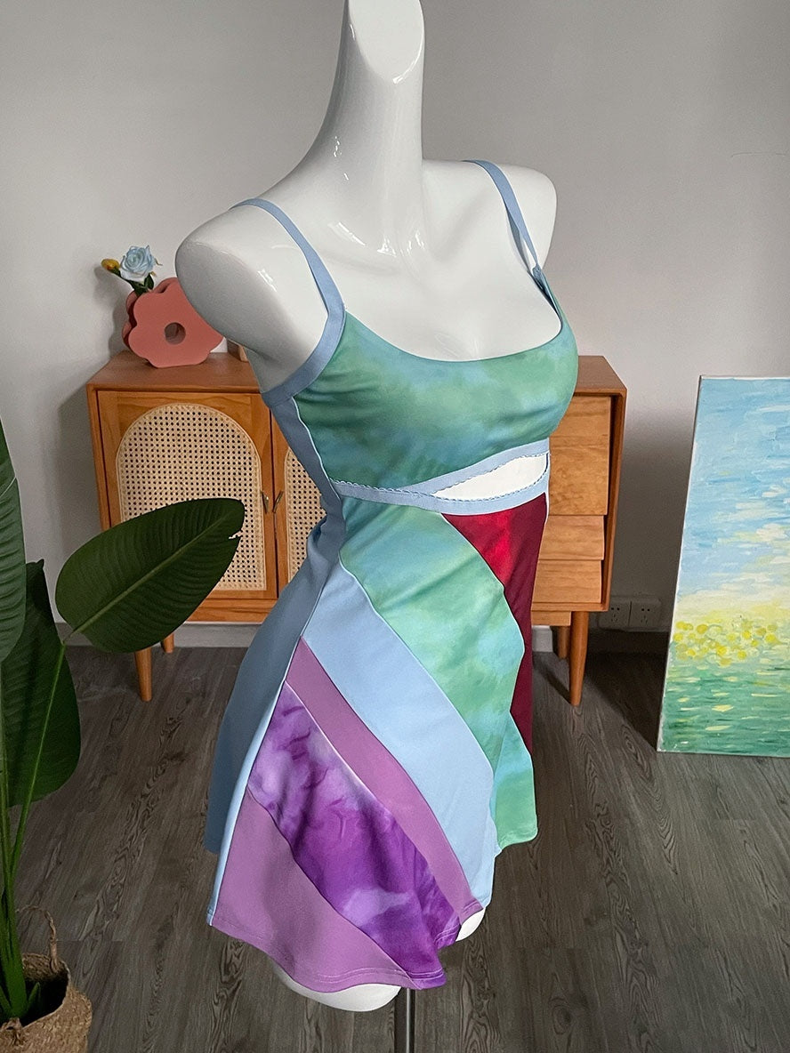 Y2K Aesthetic Patchwork Front Cut Out Stripe Spaghetti Strap Sexy Rave Party Dresses