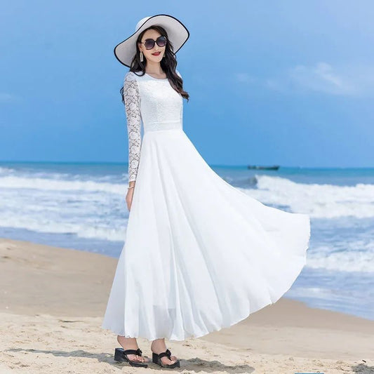 Mid-length White Short-sleeved Lace Dress