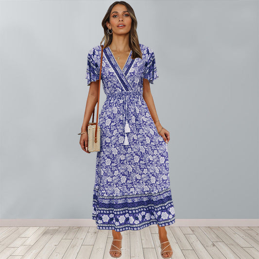 Rayon Retro Print Dress Beach Mid-length