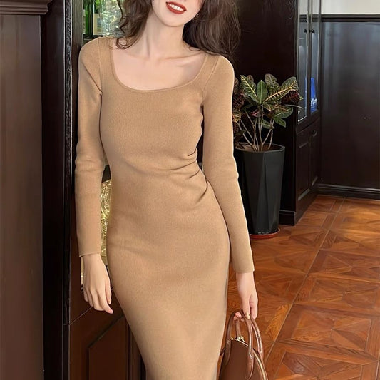 Retro Square Collar Knitted Dress