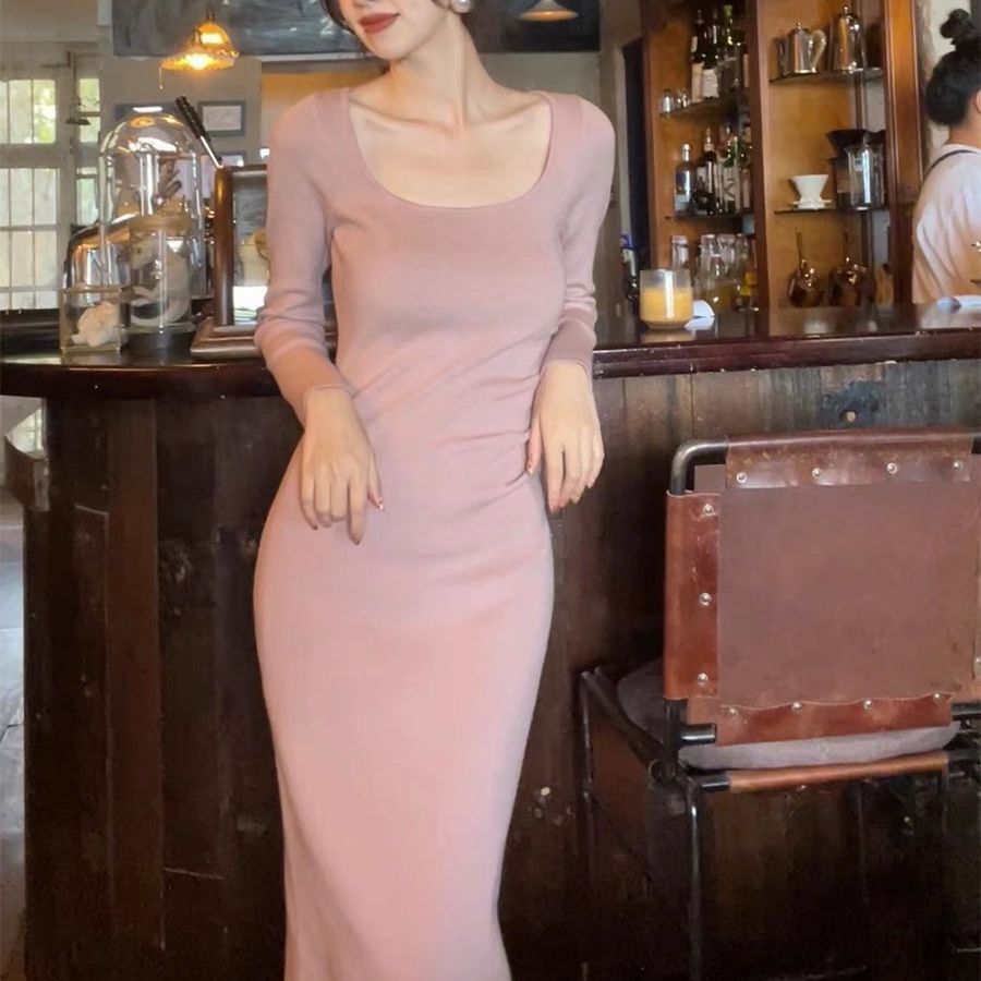 Retro Square Collar Knitted Dress
