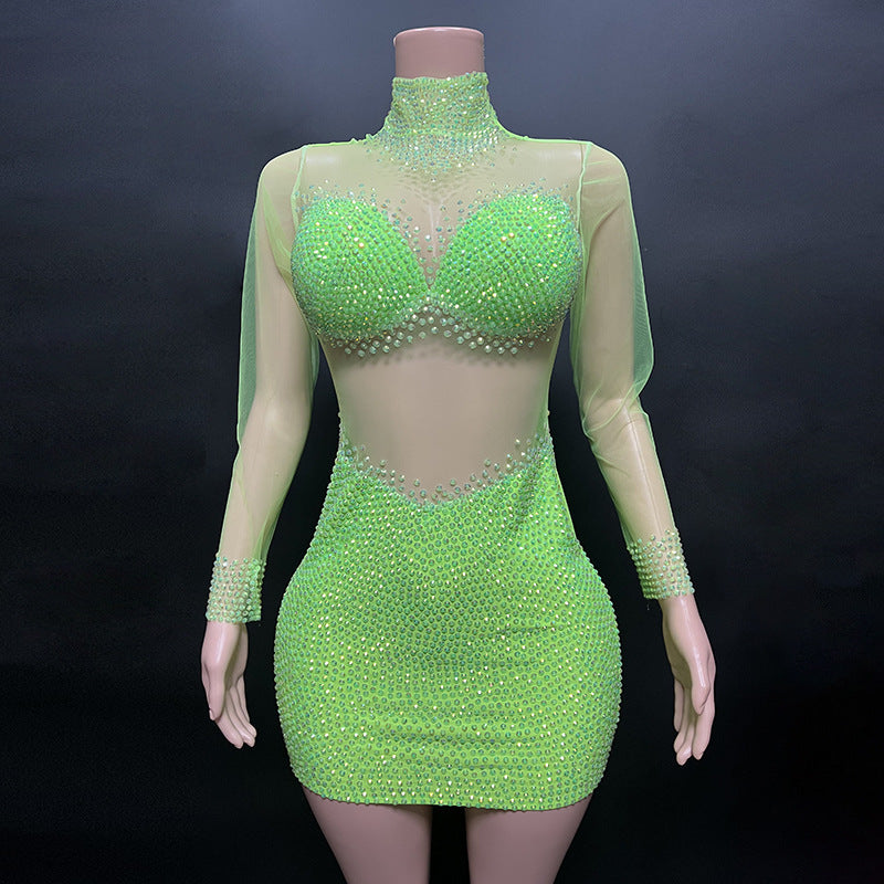 Perspective Gauze Collar Zipper Style Slim Short Dress