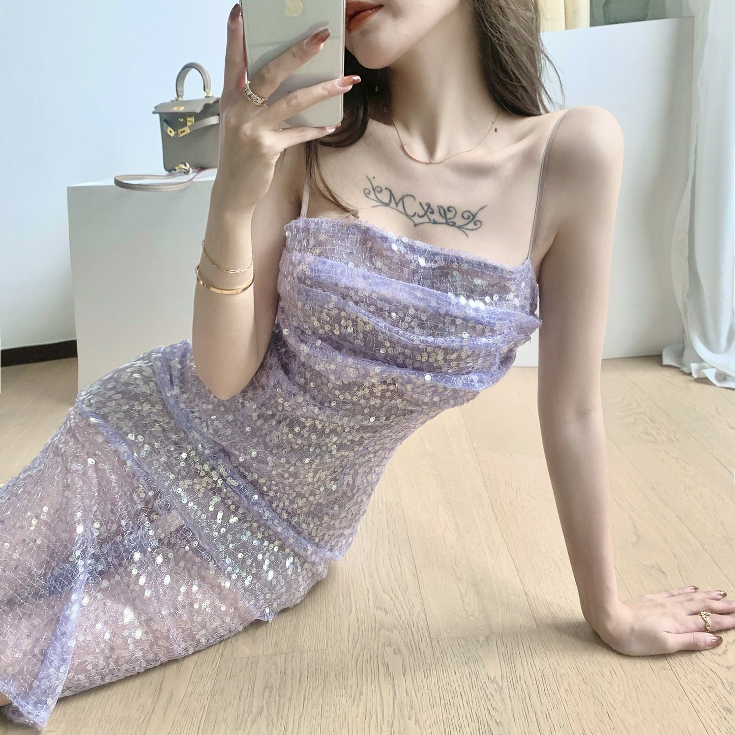 Women's Mid-length Sequined Pleated Suspender Dress