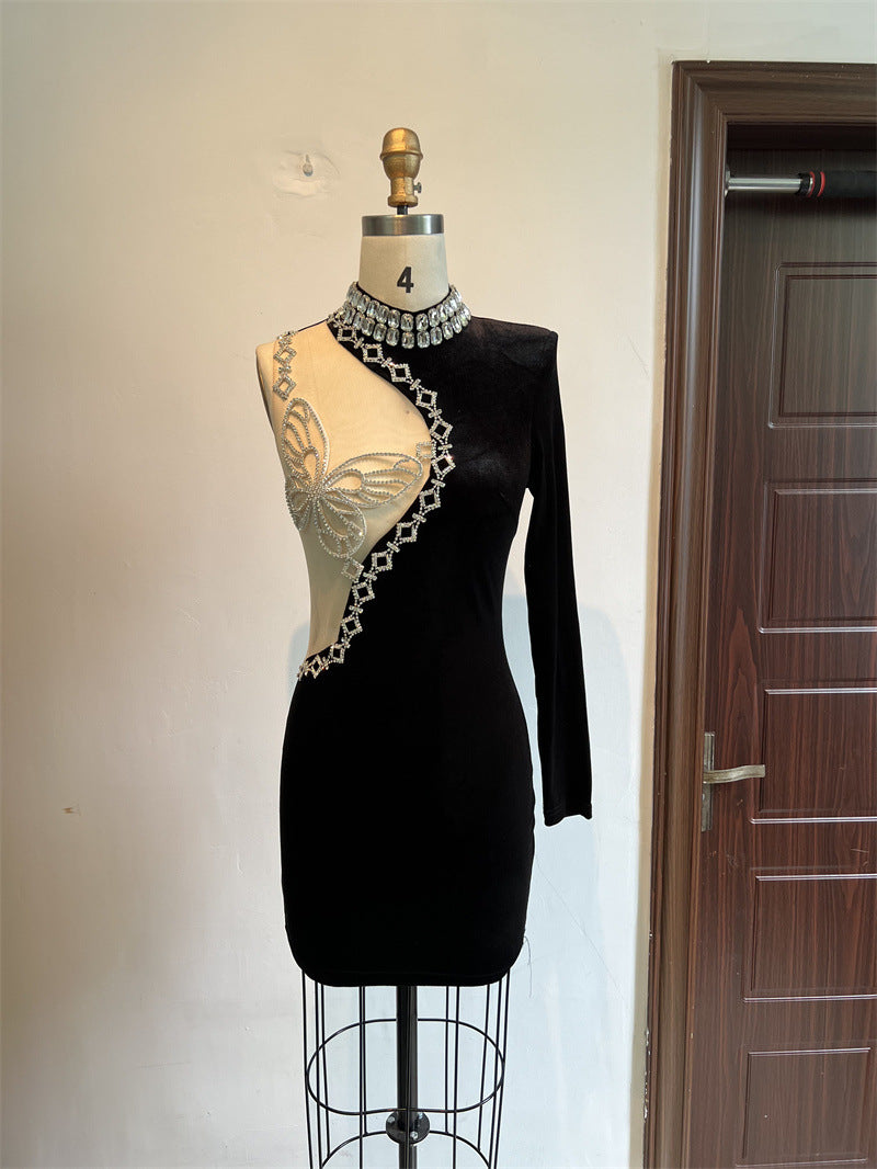 Beautiful Rhinestone Butterfly Sexy Shoulder Sleeve Short Dress Luxury Design Sense
