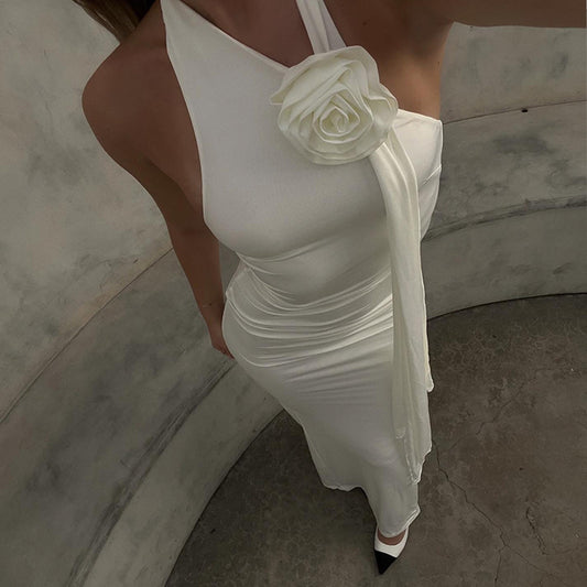 Ins Hot Girl Fashion Backless Temperament Three-dimensional Flower Decoration Halter Dress