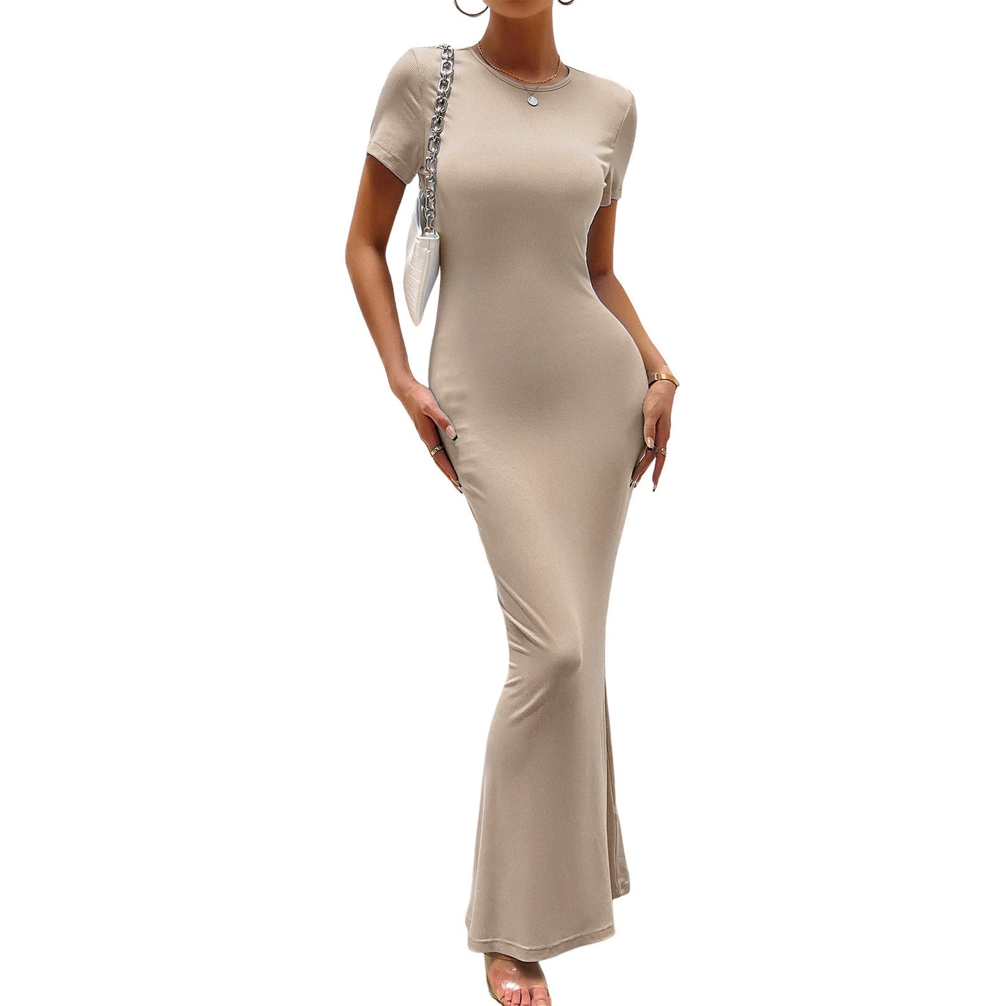 Elegant Solid Color Round Neck Short Sleeves Slim Dress