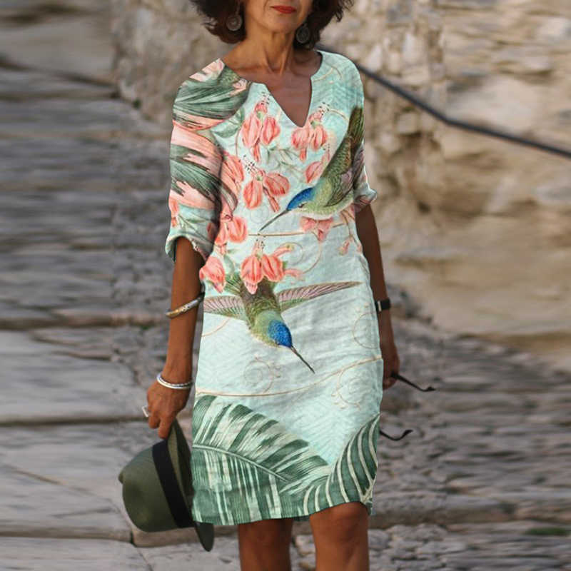 New Women's V-Neck Mid-Length Printed Dress