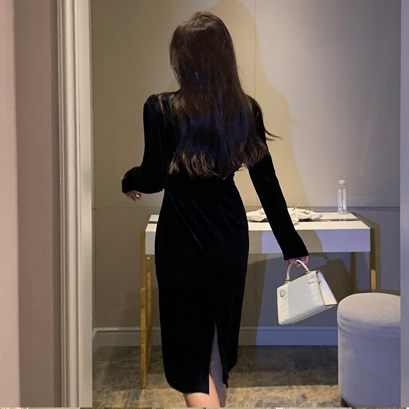 Polyester Slightly Large Size Dress Winter Belly-covering Slimming Sheath Gold Velvet Black Dress A- Line Skirt