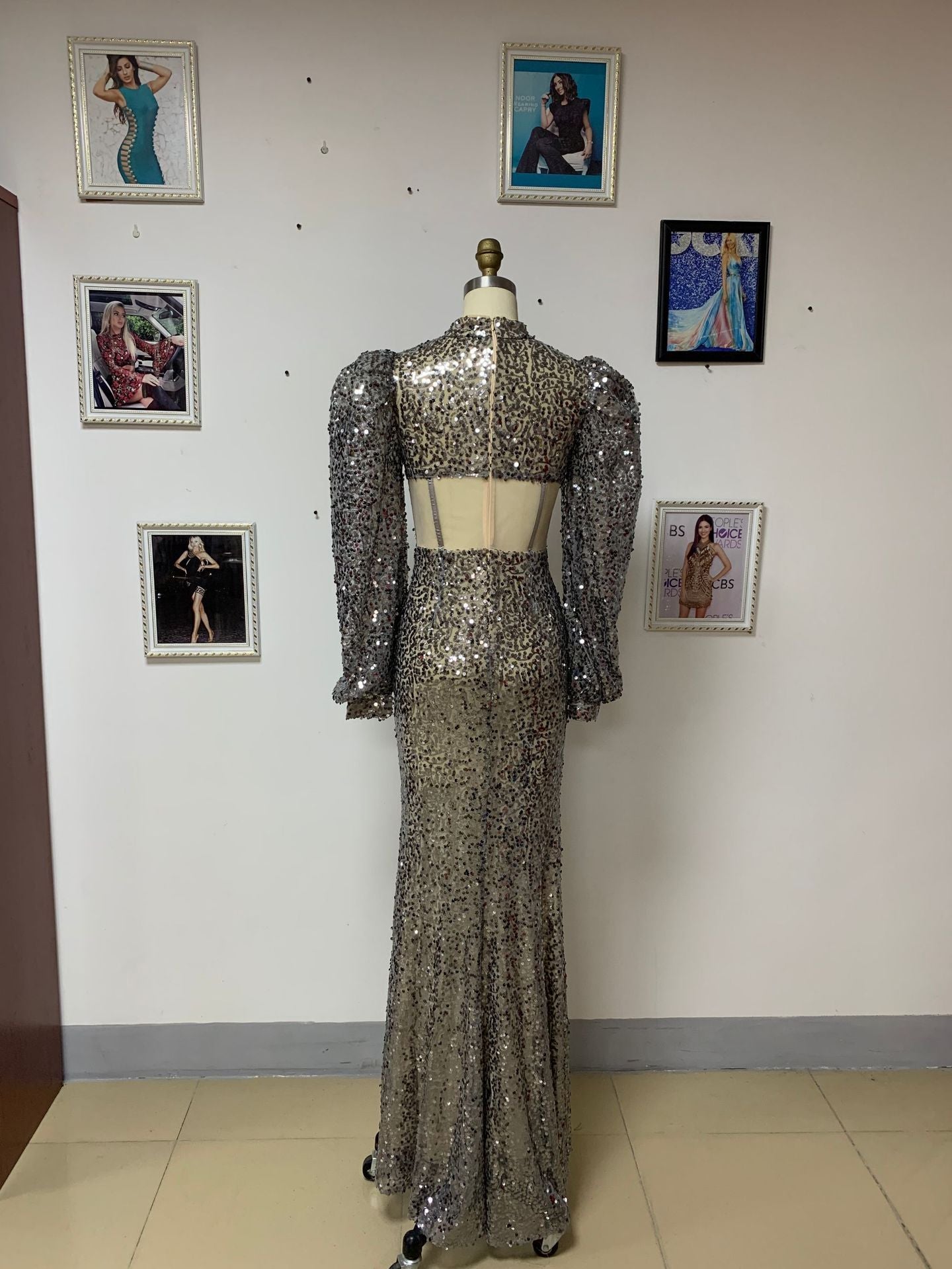 Silver Sequin Long Puff Sleeve Evening Dress