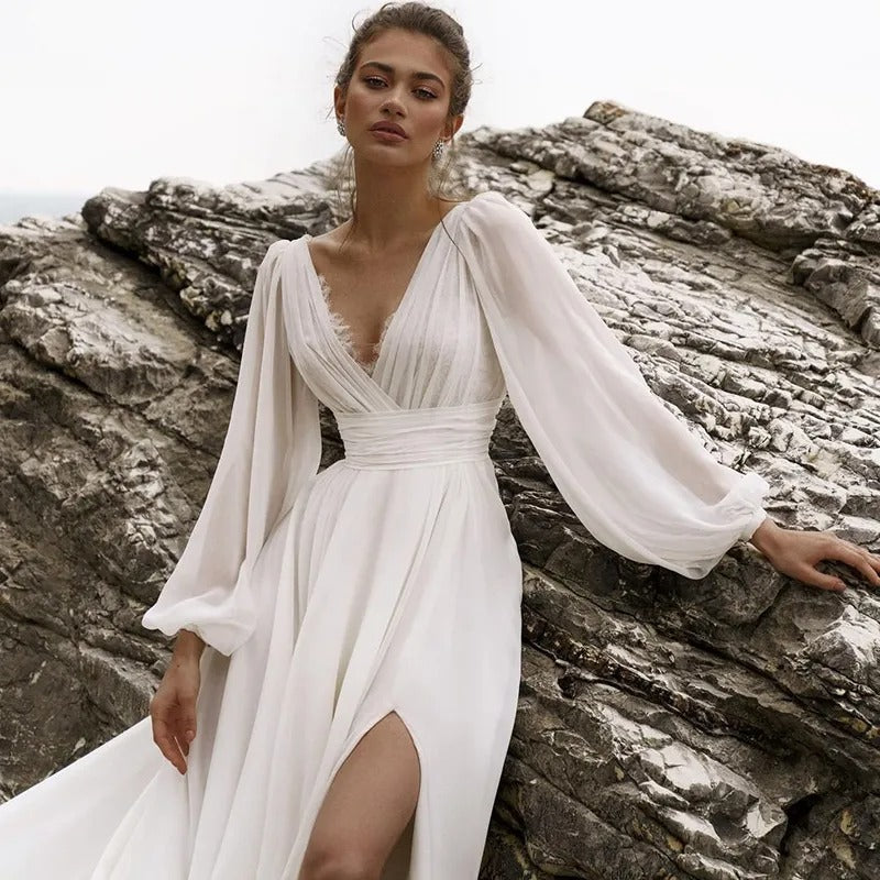 Boho Beach Wedding Dress Puff Sleeve V Neck Bridal Gown