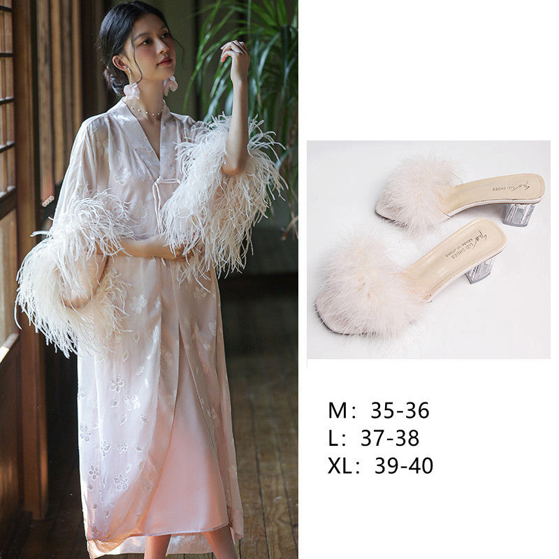 Ostrich Hair Bridal Nightgown Unique Spring and Autumn Season