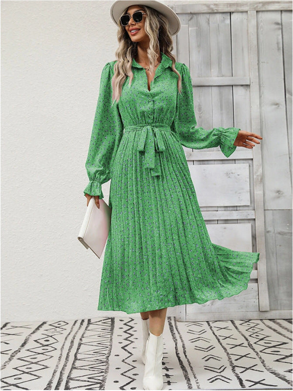 Fashion Tie Pleated Long Sleeve Big Hem Dress